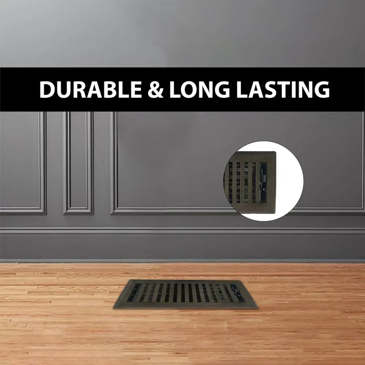 Black metal floor register with vertical slats and matching wall vent cover from sierra grates contemporary steel series