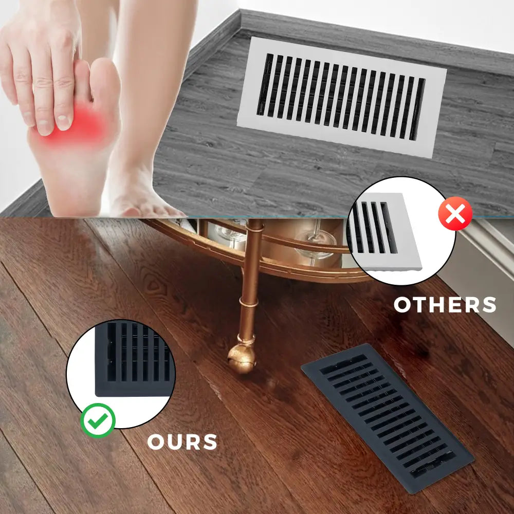 Black rectangular steel floor register with horizontal slats and rounded corners from Sierra Grates Contemporary series