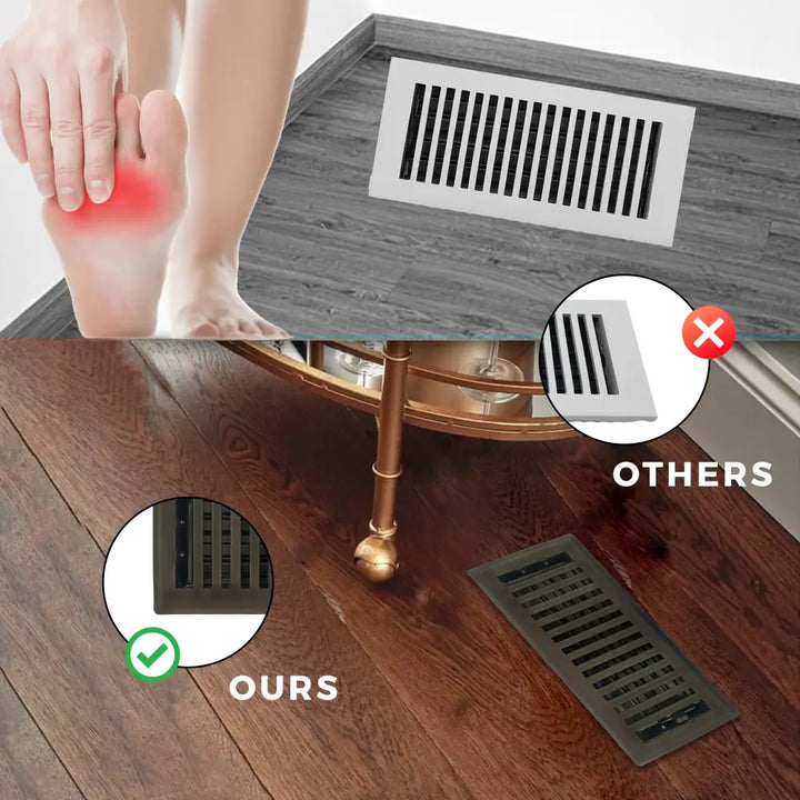 Dark bronze sierra grates contemporary floor register with horizontal slats and raised rectangular steel frame