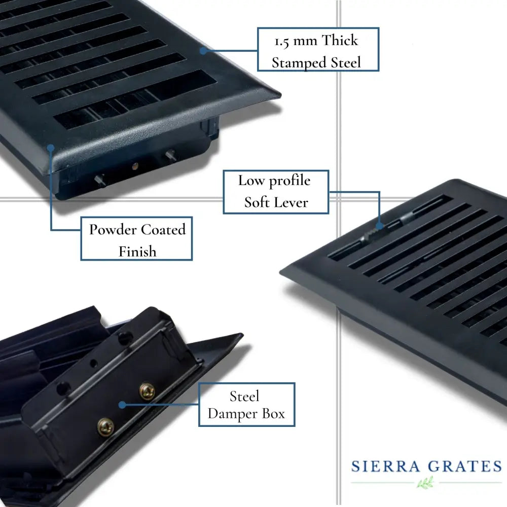 Sierra Grates Contemporary black steel floor register with 1.5 mm stamped steel and powder coated vent cover
