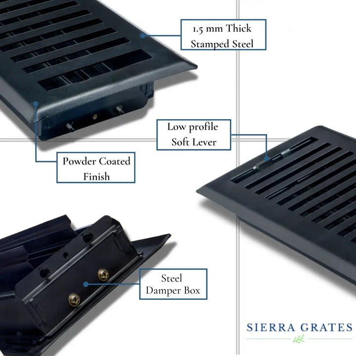 Sierra Grates Contemporary black steel floor register with 1.5 mm stamped steel and powder coated vent cover