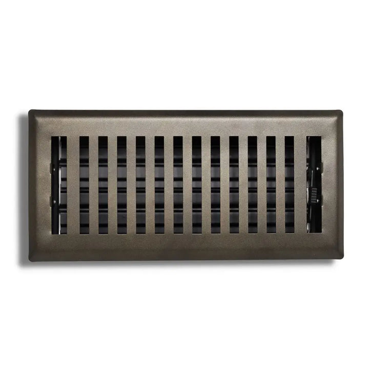 Bronze-finished sierra grates contemporary rectangular steel floor register with vertical slats and hinged vent cover