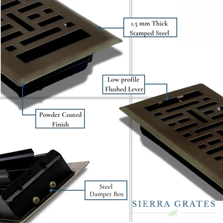Sierra grates steel floor register in bronze with 1.5 mm stamped metal and low-profile flushed lever powder-coated finish