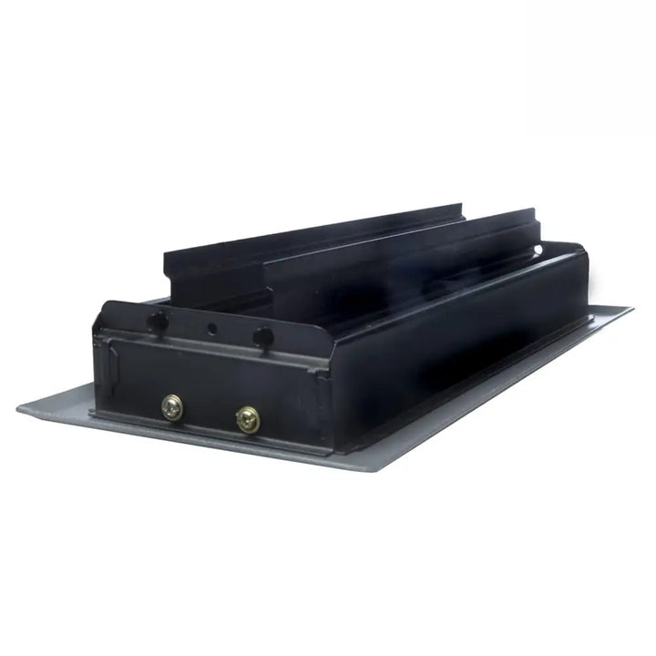 Sierra Grates Metro matte black steel floor register with a rectangular tray, flat base, raised sides, and gold screws