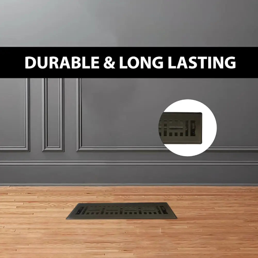 Black steel floor register with rectangular design and horizontal slats from Sierra Grates Metro collection