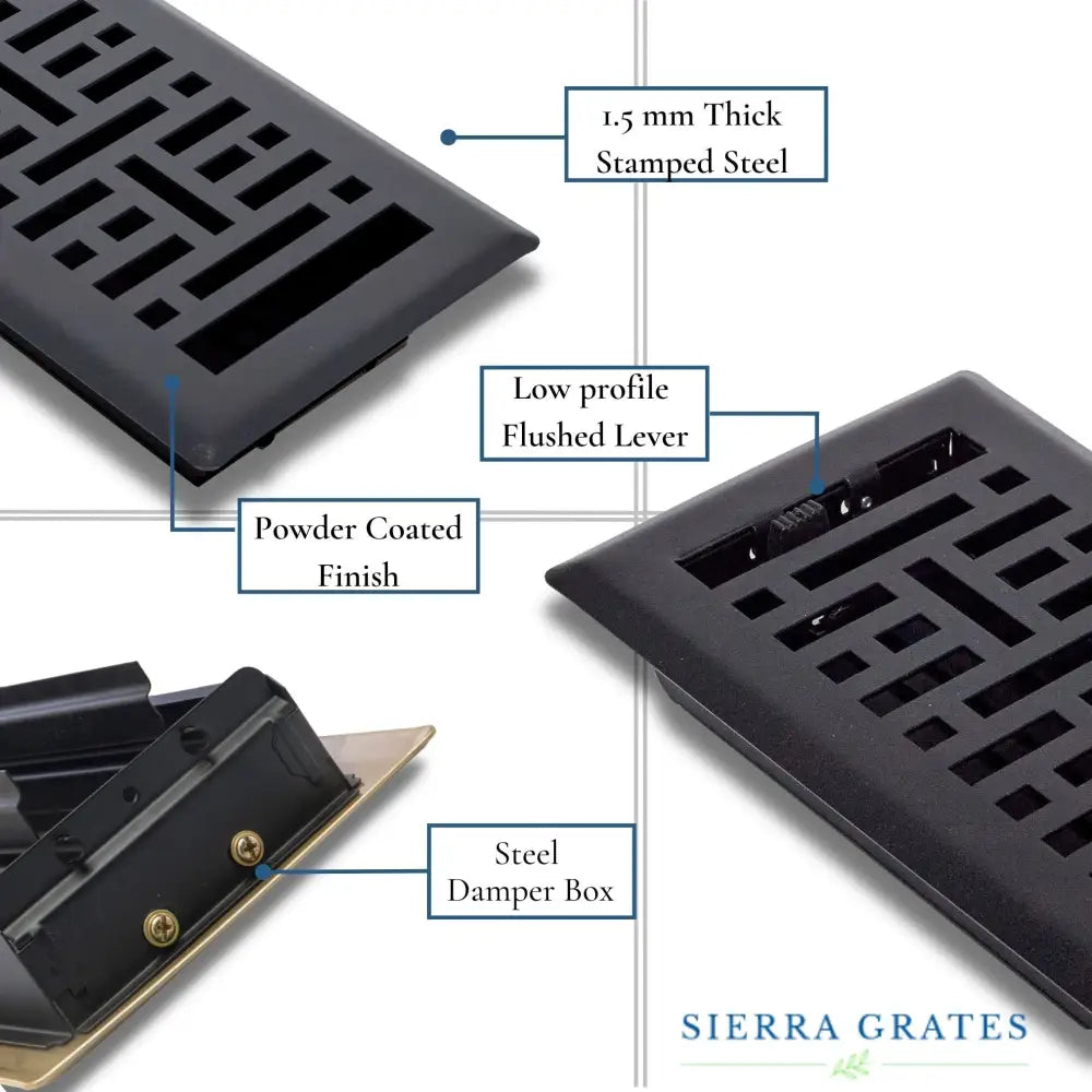 Sierra grates metro matte black steel floor register with black powder-coated stamped steel and low-profile lever vent cover