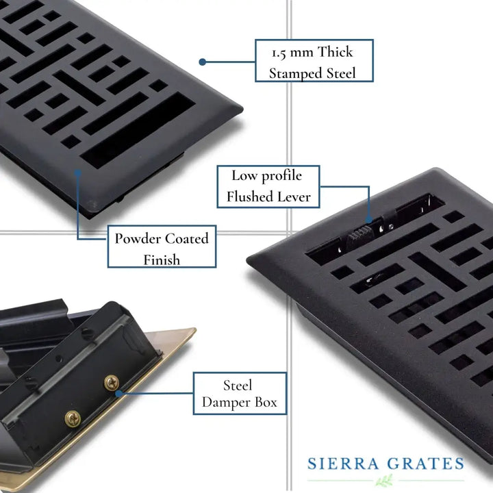 Sierra grates metro matte black steel floor register with black powder-coated stamped steel and low-profile lever vent cover