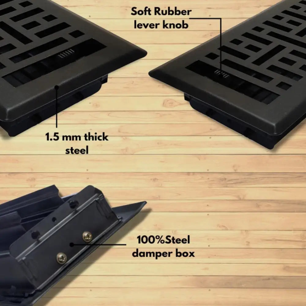 Sierra Grates metro matte black steel floor register with 1.5 mm thick vent cover and integrated steel damper box