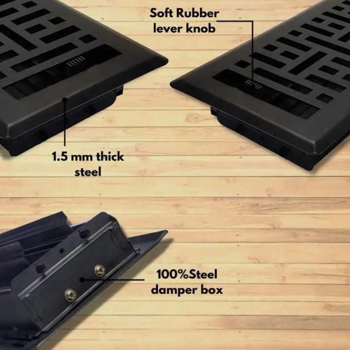 Sierra Grates metro matte black steel floor register with 1.5 mm thick vent cover and integrated steel damper box