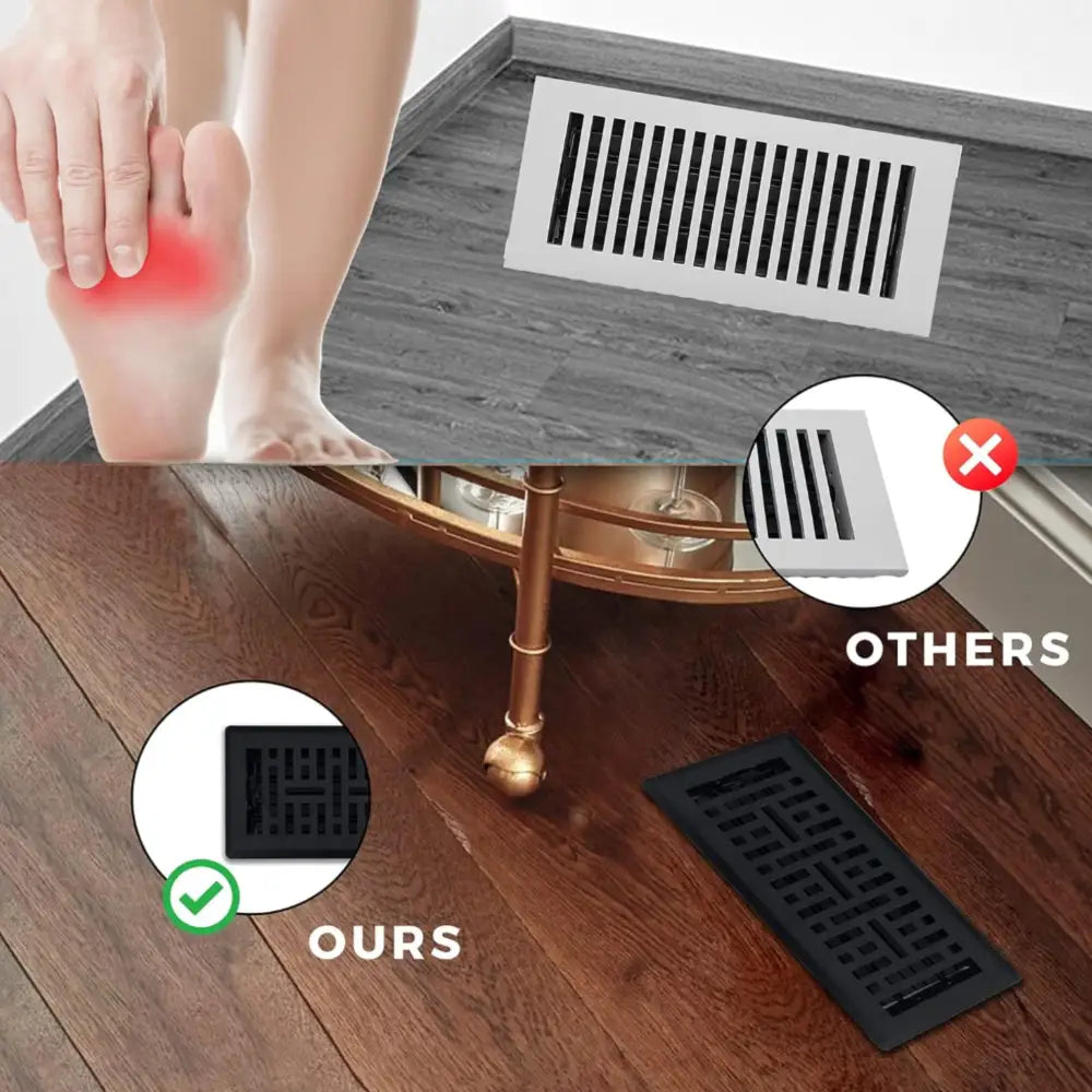 Black textured sierra grates metro floor register vent cover with geometric pattern and rounded corners in matte steel