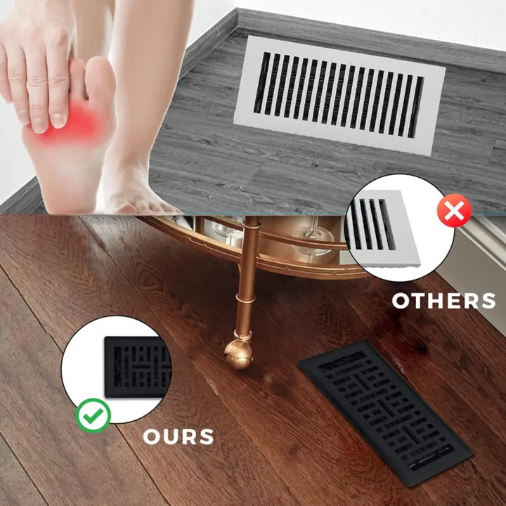 Black textured sierra grates metro floor register vent cover with geometric pattern and rounded corners in matte steel