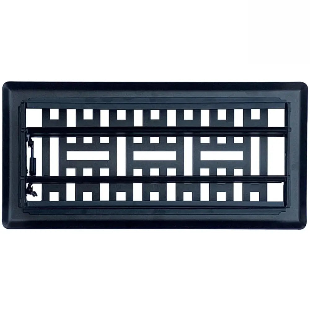 Black steel floor register by Sierra Grates with a geometric lattice design and two horizontal slats in matte finish