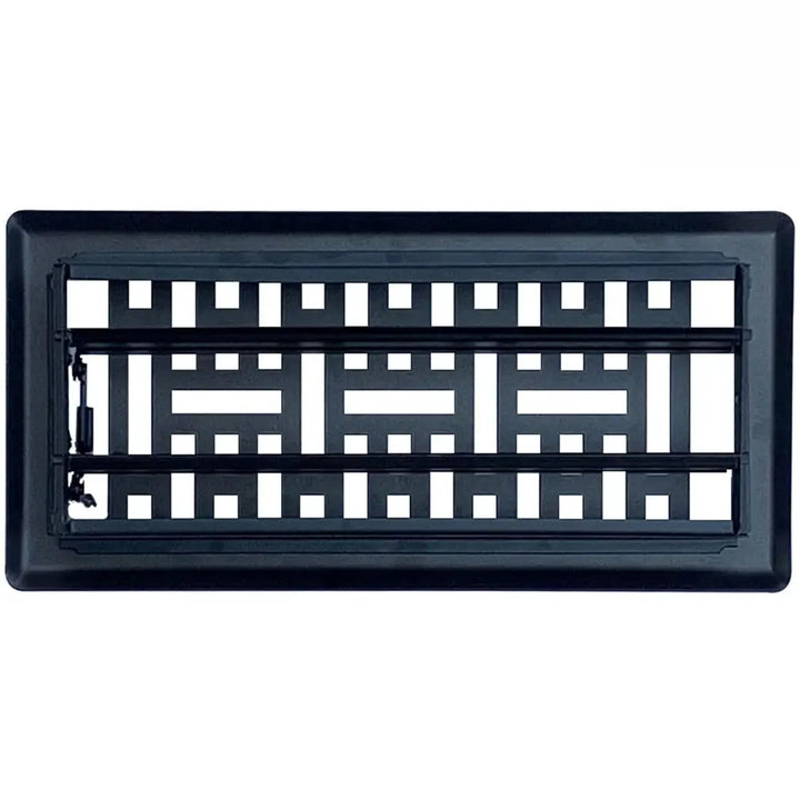 Black steel floor register by Sierra Grates with a geometric lattice design and two horizontal slats in matte finish