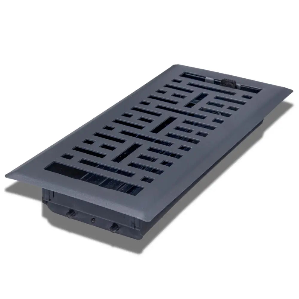 Gray sierra grates steel floor register with geometric lattice pattern and visible mounting hardware in matte black finish