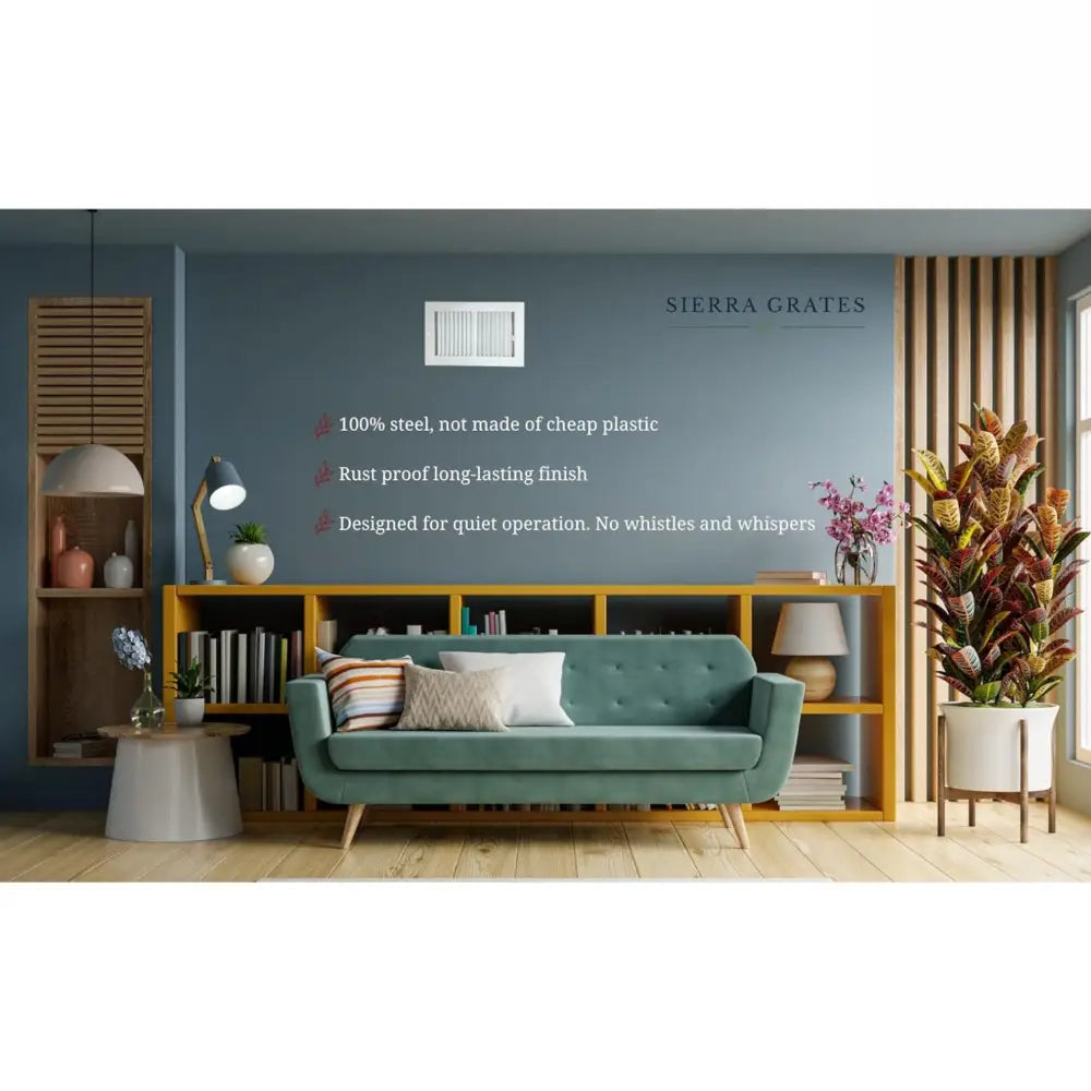 Teal tufted sofa with wooden legs and striped throw pillows near a white sierra grates rectangular floor register with 2-way airflow