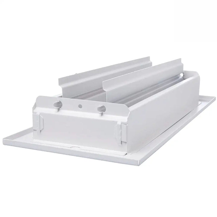 White rectangular metal floor register by sierra grates with sleek industrial design and integrated mounting flanges for 2-way airflow