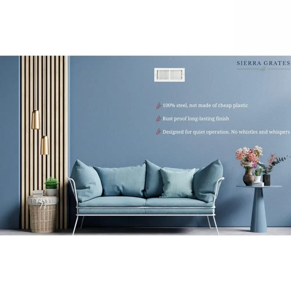 Modern teal sofa with sleek metal frame and matching cushions placed near white sierra grates floor register