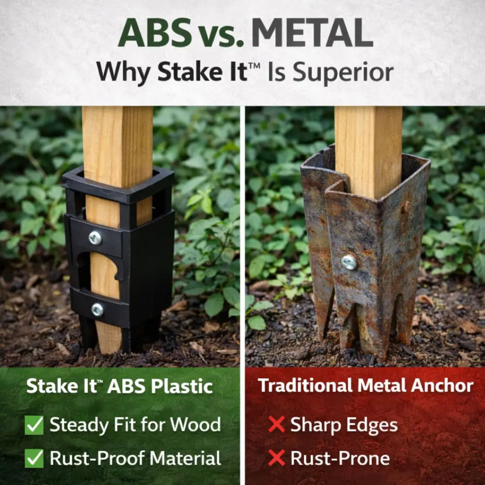 Black abs plastic no-dig garden trellis anchors designed as heavy duty wood stake ground stabilizers for secure insertion