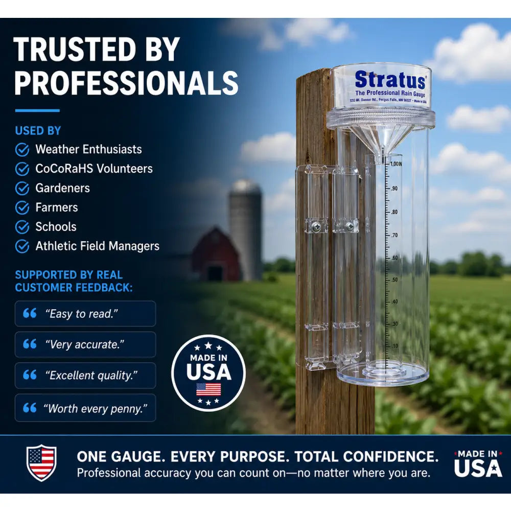 Clear plastic stratus professional weather rain gauge mounted on wooden post with 0.01 inch accuracy rainfall gauge