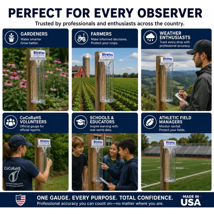 Clear plastic stratus professional weather rain gauge with white label mounted on wooden posts for 0.01 inch accuracy