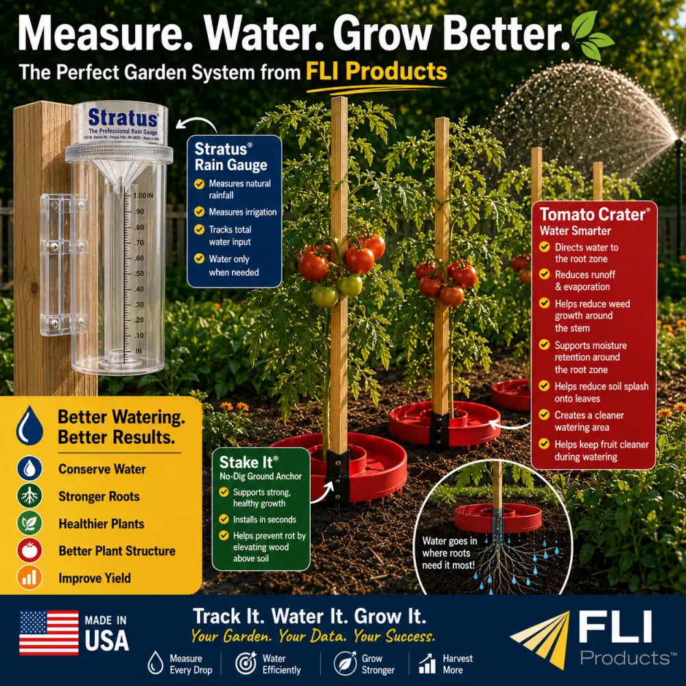 Clear plastic stratus professional weather rain gauge with white scale and blue branding mounted on wooden stakes