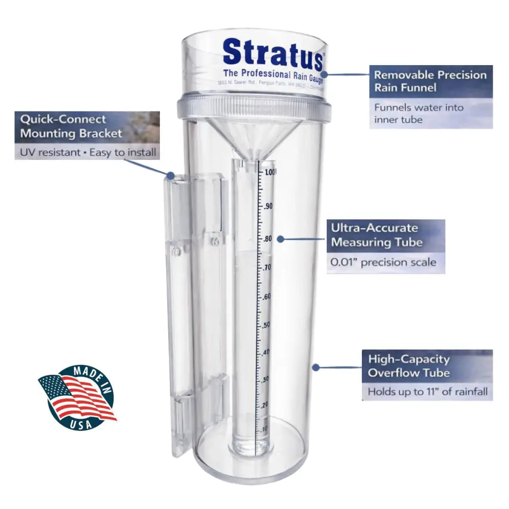 Clear plastic stratus professional weather rain gauge with removable funnel and 0.01 inch accuracy rainfall gauge markings