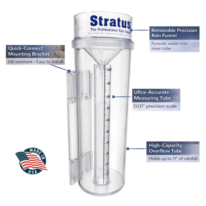 Clear plastic stratus professional weather rain gauge with removable funnel and 0.01 inch accuracy rainfall gauge markings