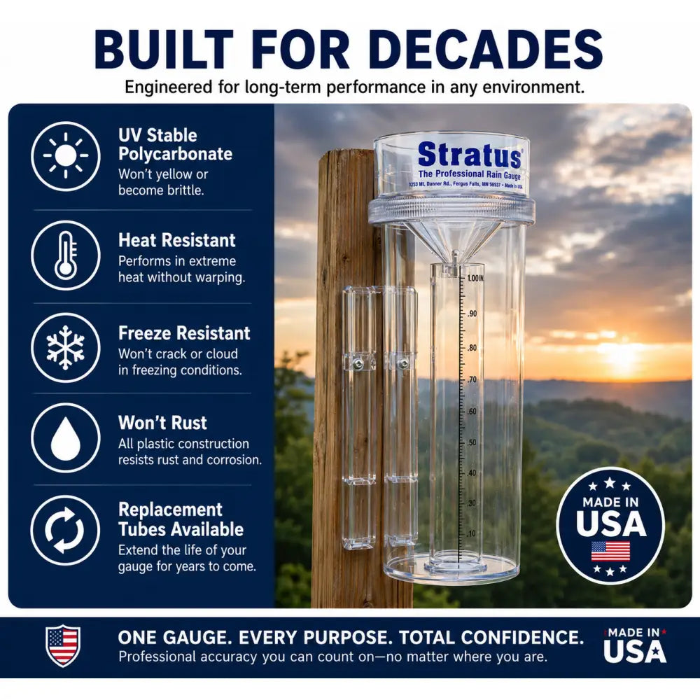 Clear plastic professional weather rain gauge with transparent body and 0.01 inch accuracy by stratus