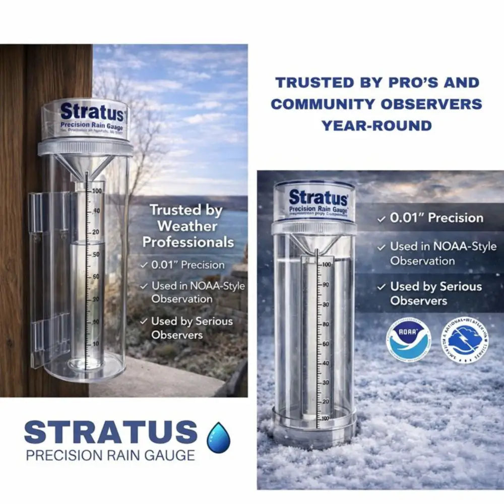 Clear plastic stratus professional weather rain gauge with silver top and 0.01 inch accuracy measurement markings