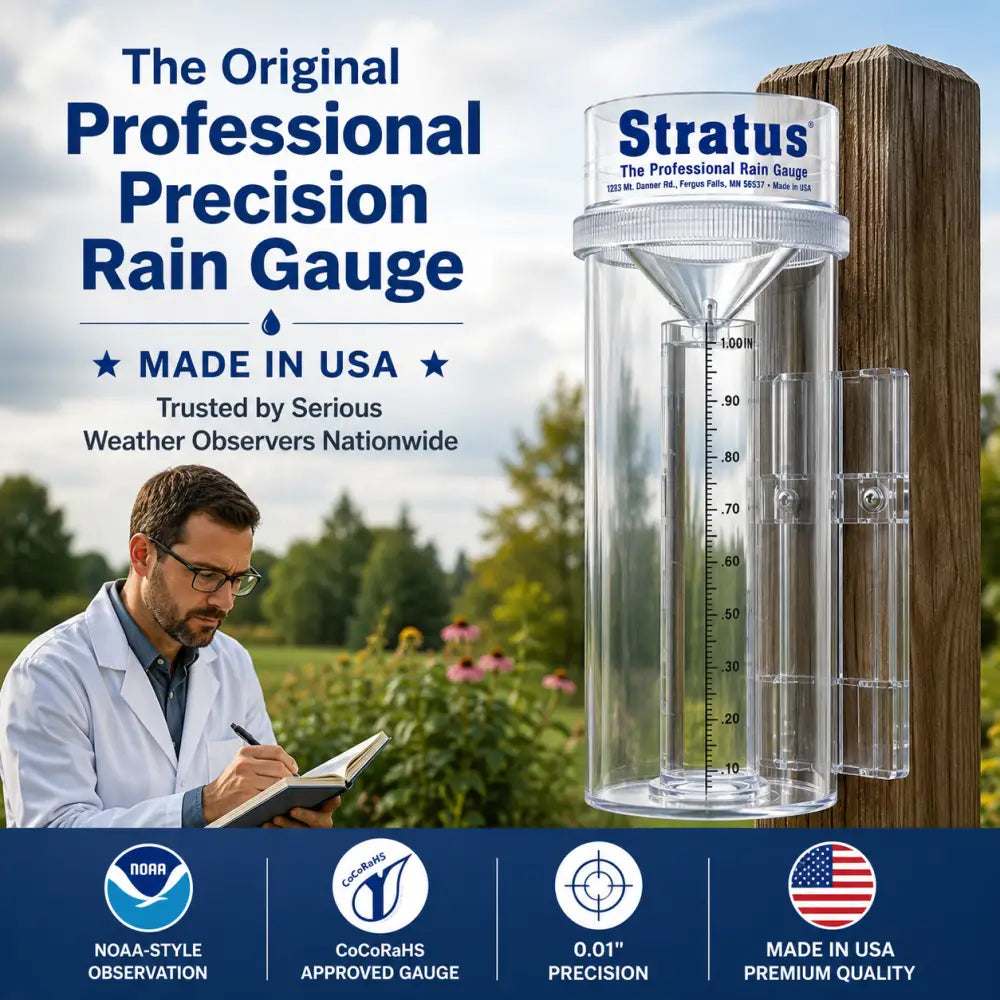 Clear plastic professional weather rain gauge with white lid and measurement markings on wooden post 0.01 inch accuracy