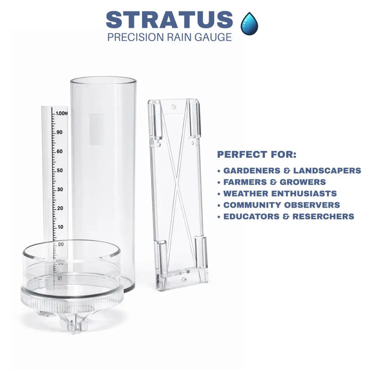 Clear plastic stratus professional weather rain gauge with 0.01 inch accuracy and detachable stand for precise measurement