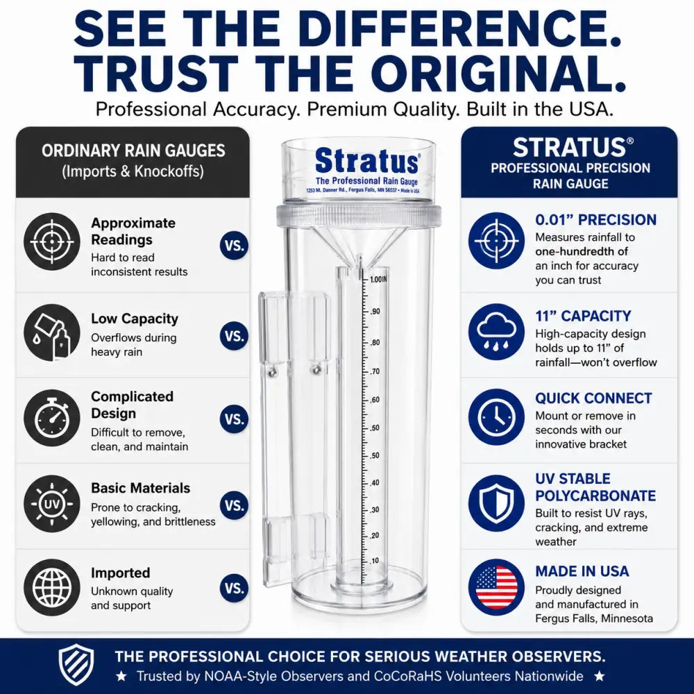 Clear plastic professional weather rain gauge with white lid and blue branding featuring 0.01 inch accuracy markings