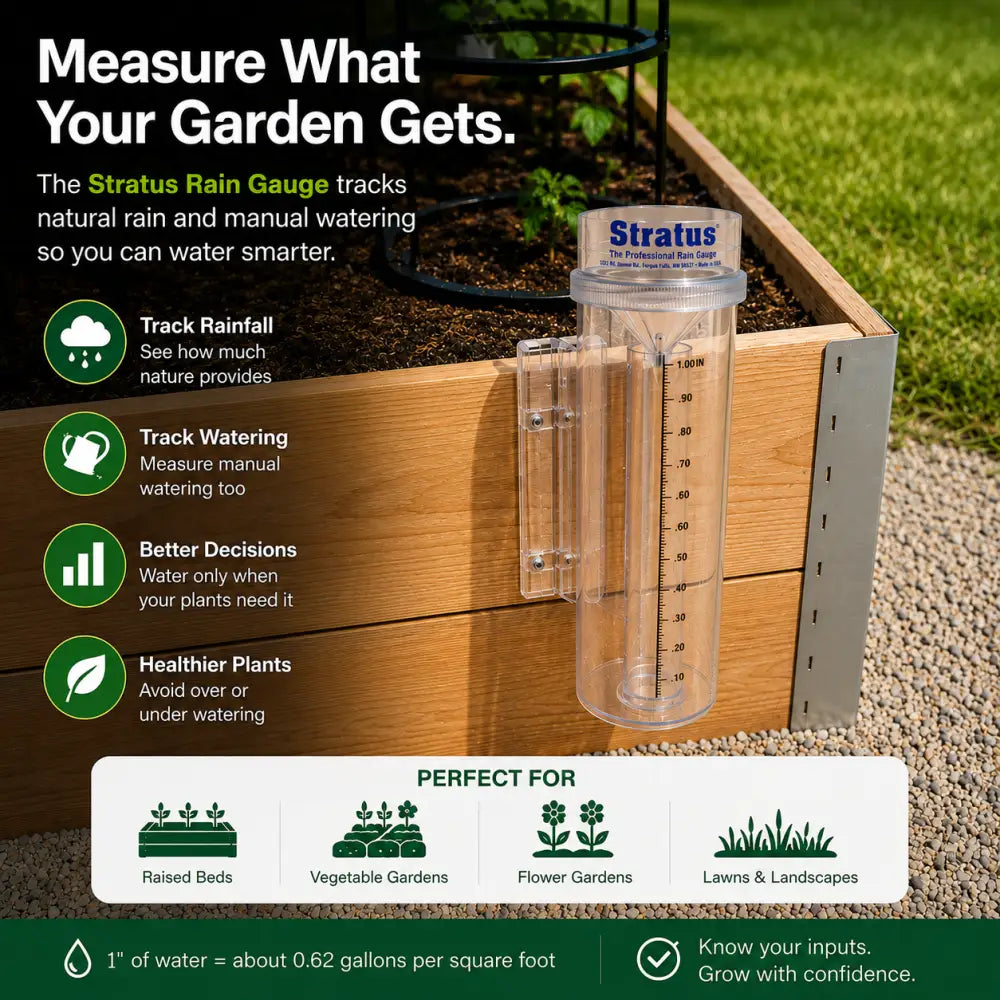 Clear plastic professional weather rain gauge with blue label and 0.01 inch accuracy mounted on wooden garden bed