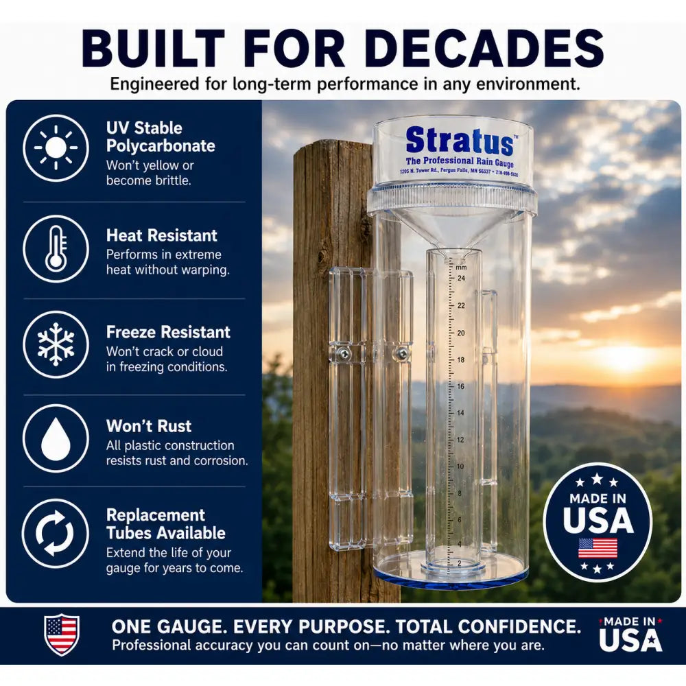 Clear plastic stratus professional rain gauge with blue rim and white markings for accurately measuring rain with 025mm precision