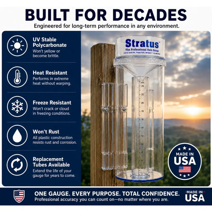Clear plastic stratus professional rain gauge with blue rim and white markings for accurately measuring rain with 025mm precision