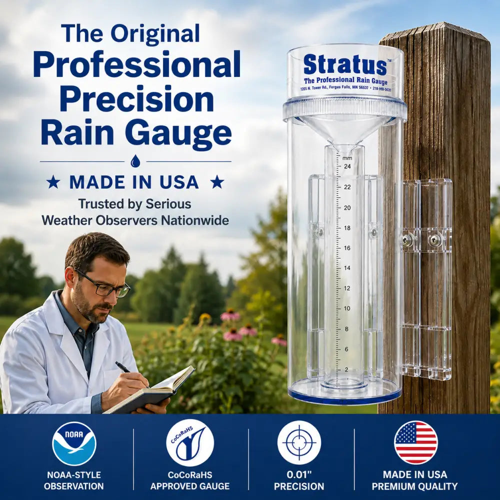 Clear plastic stratus professional rain gauge with white lid and blue branding mounted on wooden post for 0.25mm precision