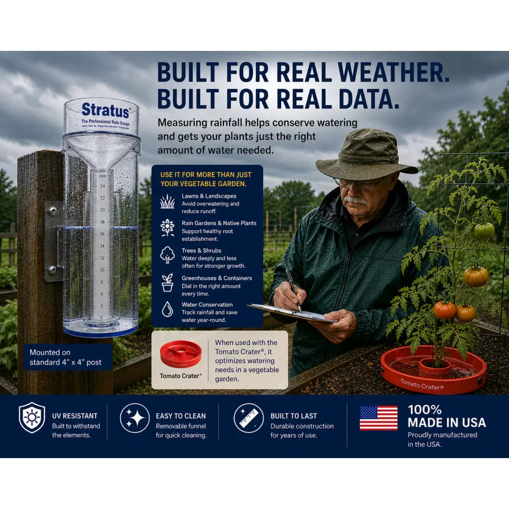 Stratus professional weather rain gauge — clear plastic metric gauge with blue markings and 0.25mm accuracy for NOAA-standard rainfall measurement, Made in USA