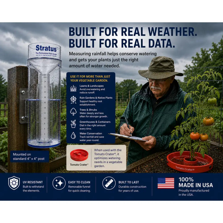 Stratus professional weather rain gauge — clear plastic metric gauge with blue markings and 0.25mm accuracy for NOAA-standard rainfall measurement, Made in USA
