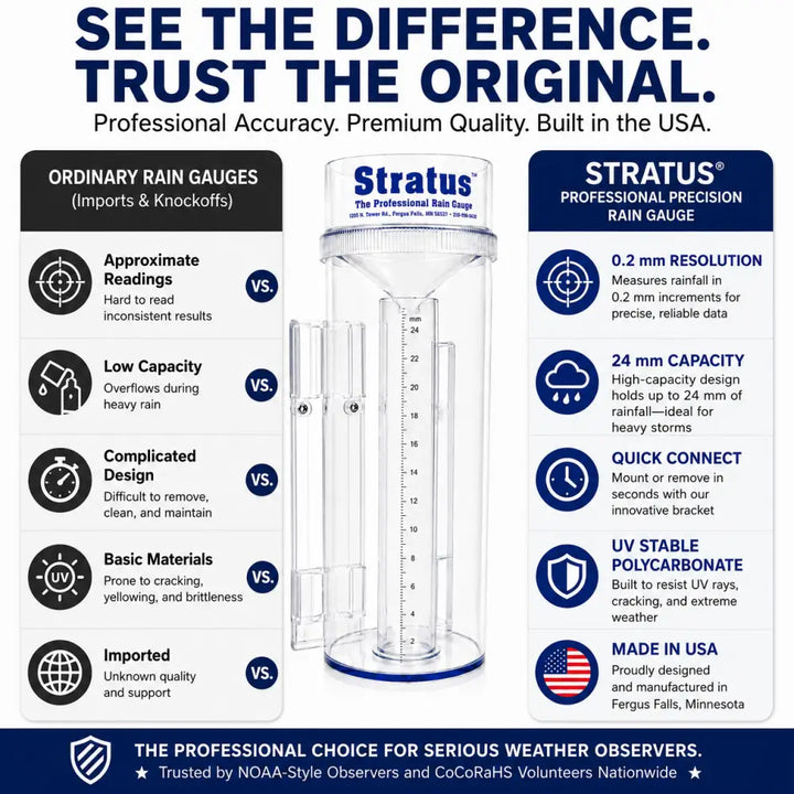 Clear plastic stratus professional rain gauge with blue accents and 025mm precision measurement markings