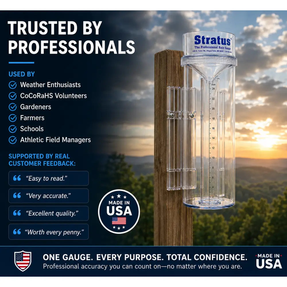 Clear plastic stratus professional rain gauge with 25mm precision and blue accents mounted on a wooden post for accurate measurement