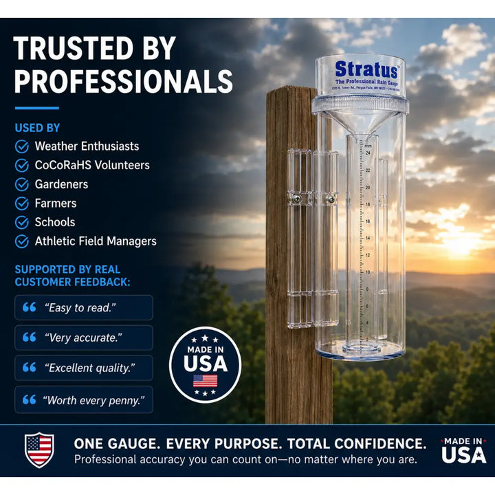 Clear plastic stratus professional rain gauge with 25mm precision and blue accents mounted on a wooden post for accurate measurement