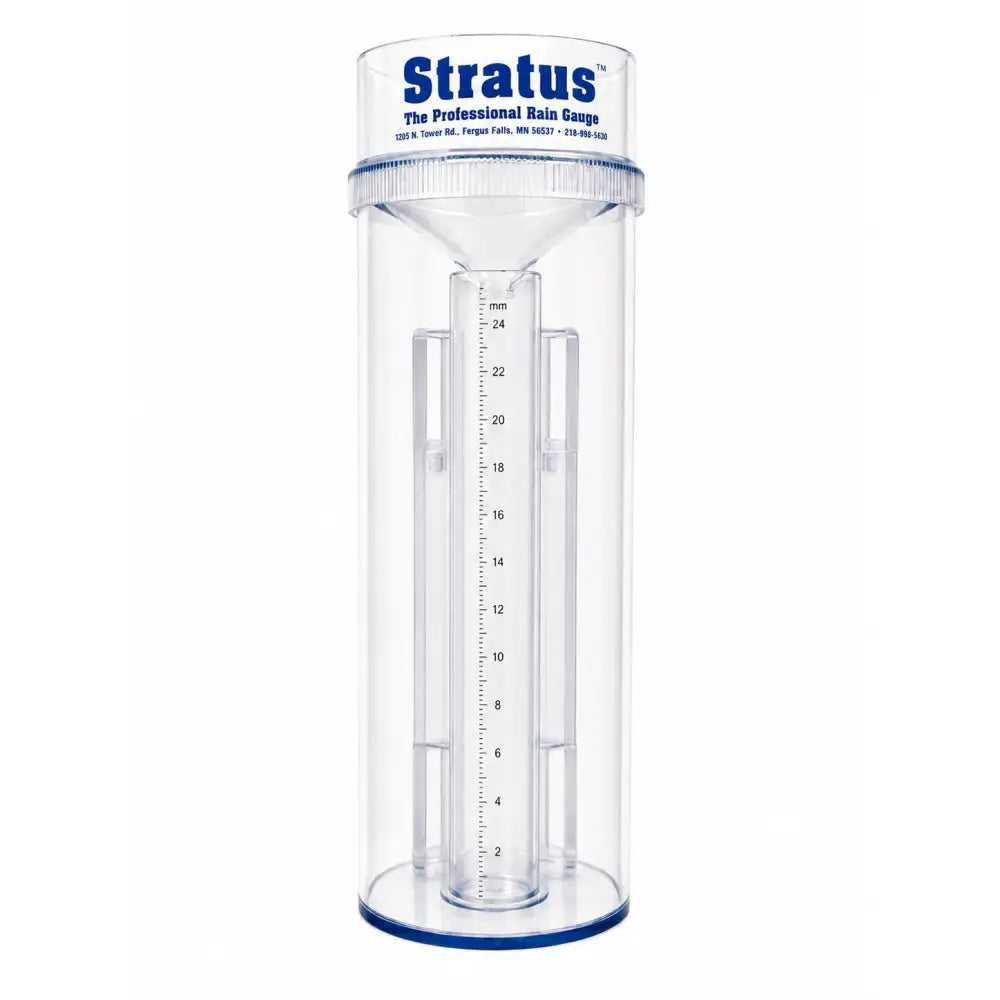 Stratus professional weather rain gauge — NOAA-standard clear plastic gauge with 0.25mm metric accuracy for backyard weather stations, Made in USA