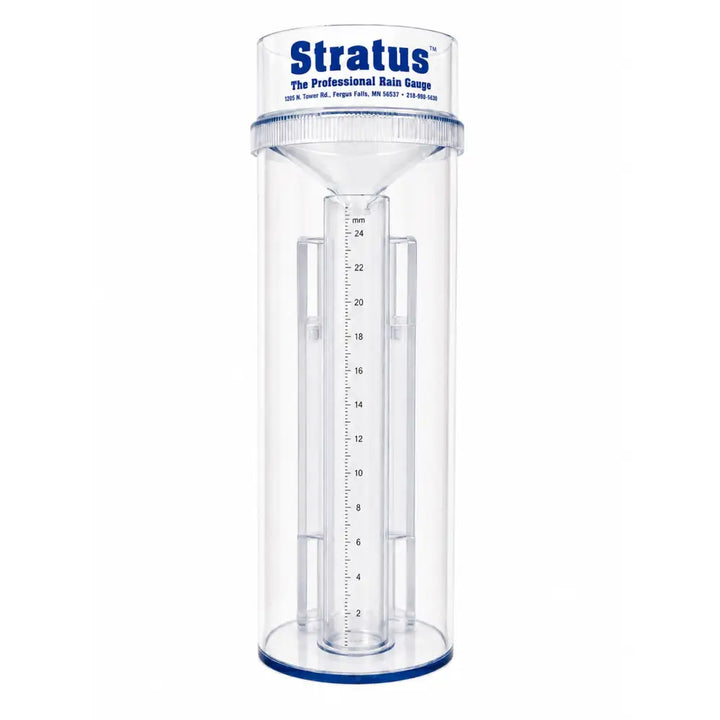 Stratus professional weather rain gauge — NOAA-standard clear plastic gauge with 0.25mm metric accuracy for backyard weather stations, Made in USA