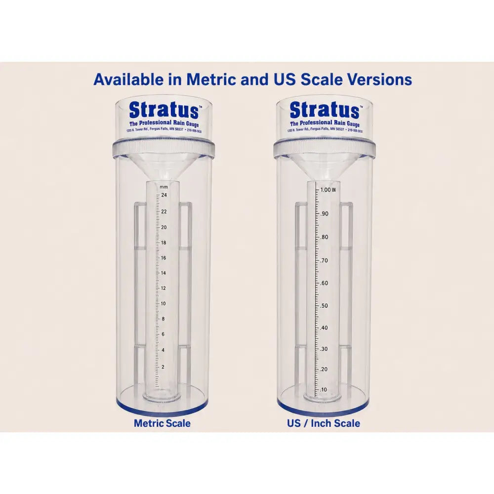  Stratus professional weather rain gauge — NOAA-standard clear plastic gauge with dual metric and US inch scales for backyard weather stations, Made in USA