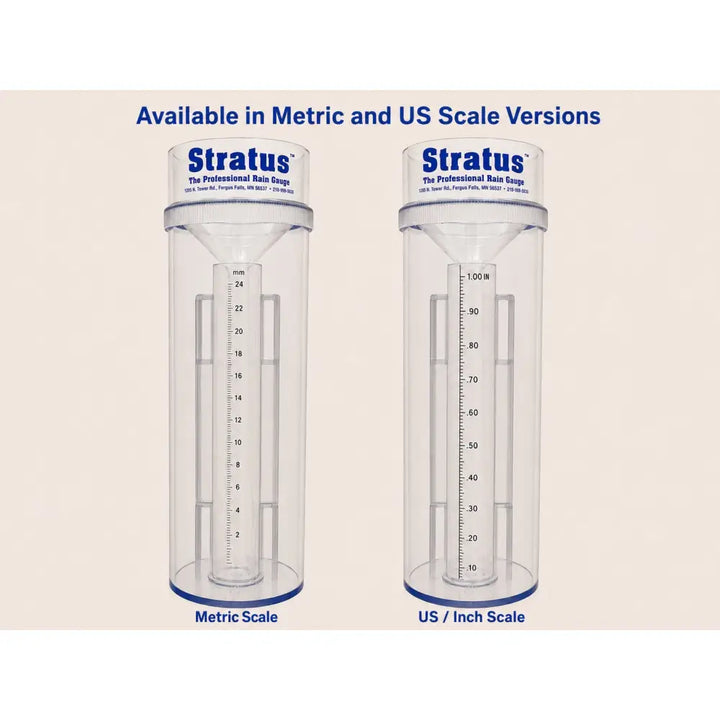  Stratus professional weather rain gauge — NOAA-standard clear plastic gauge with dual metric and US inch scales for backyard weather stations, Made in USA