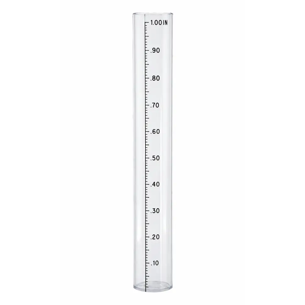 Stratus precision rain gauge clear glass measuring cylinder with black inch markings measures rainfall accurately
