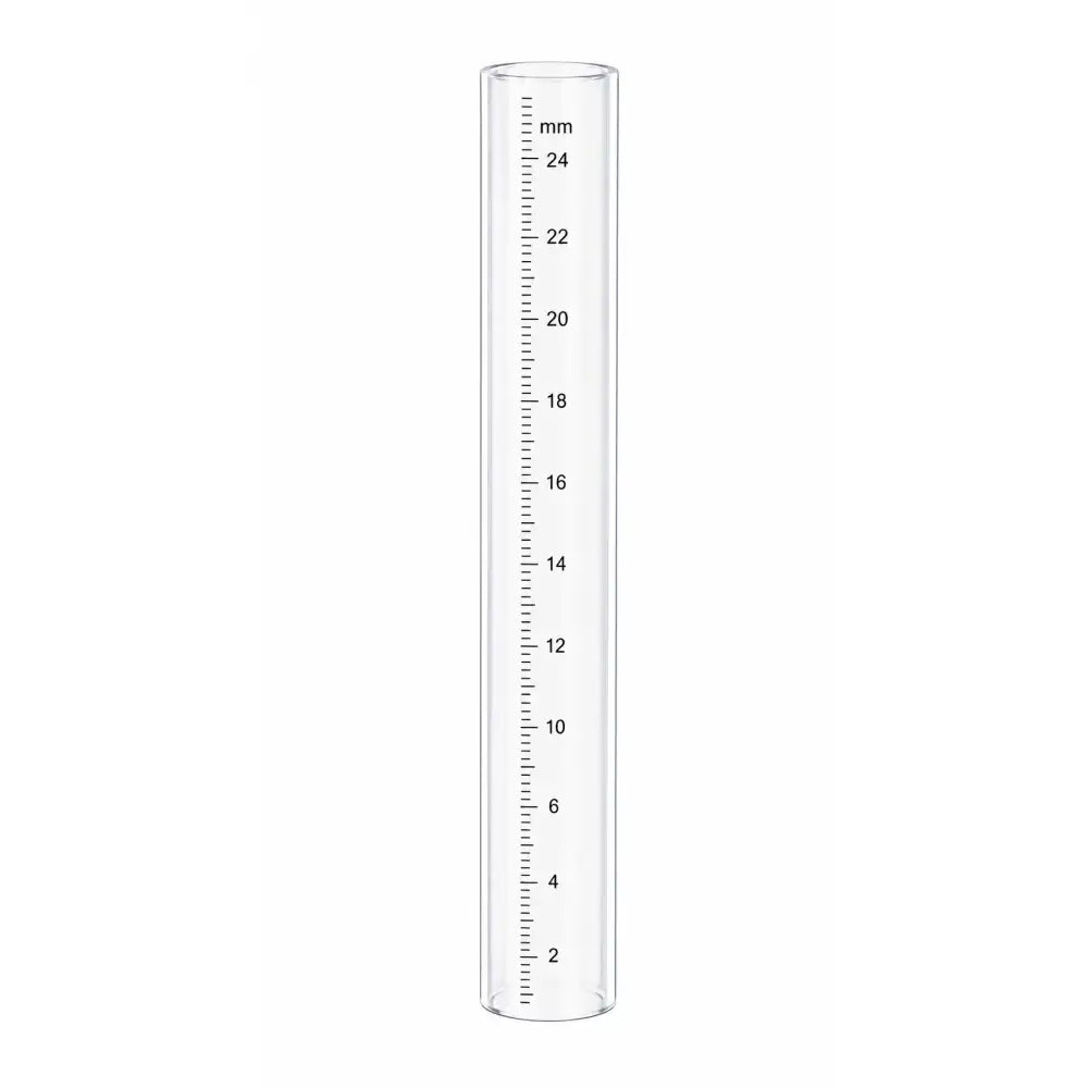 Clear glass Stratus replacement measuring tube with black millimeter markings for rain gauge measurement