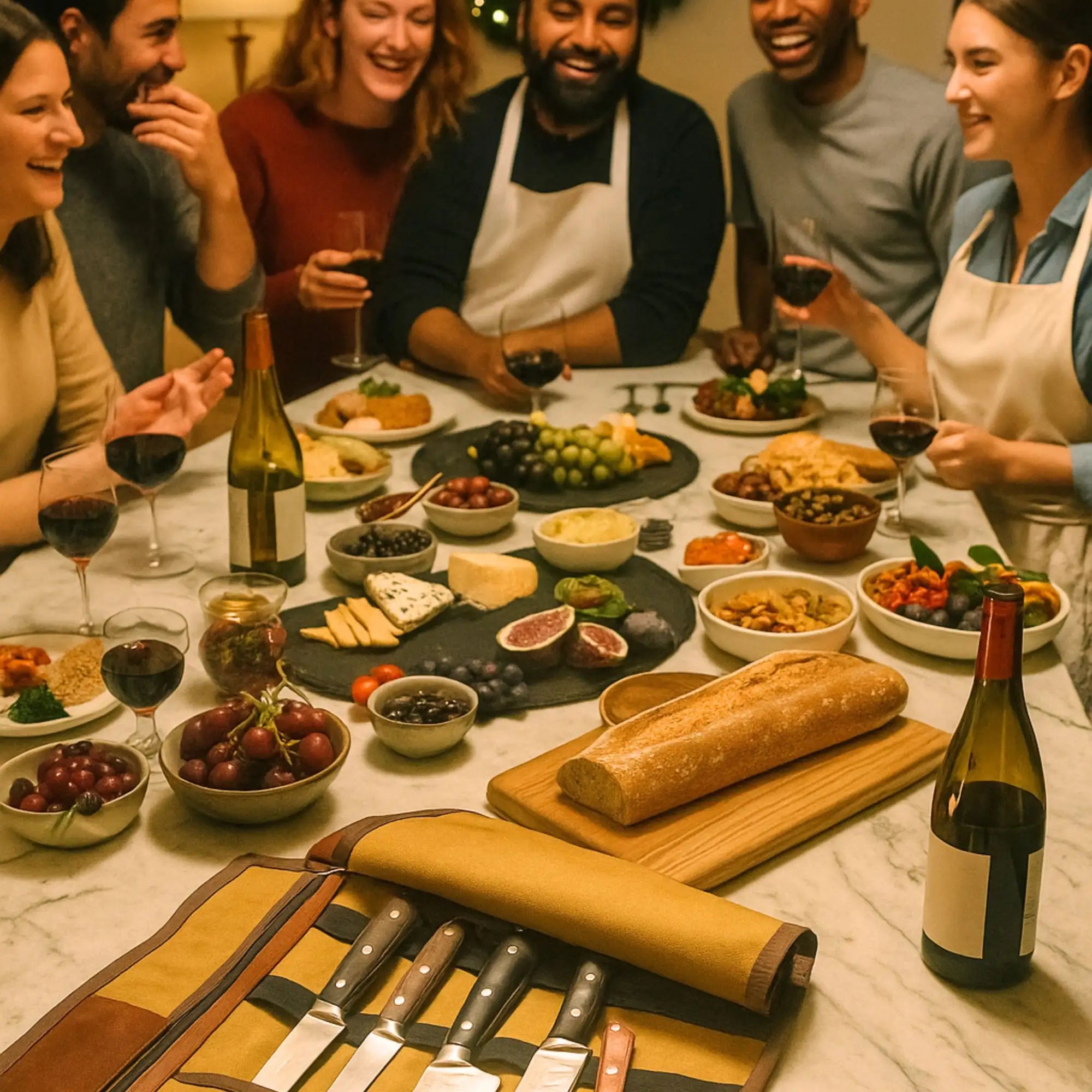 A tan and brown leather knife roll with five knives featuring black handles and stainless steel blades.