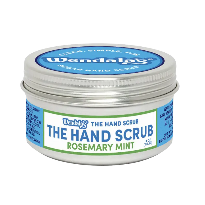 Wendalas rosemary mint hand scrub in a silver tin with blue and green labeling from the essential hand scrub bundle