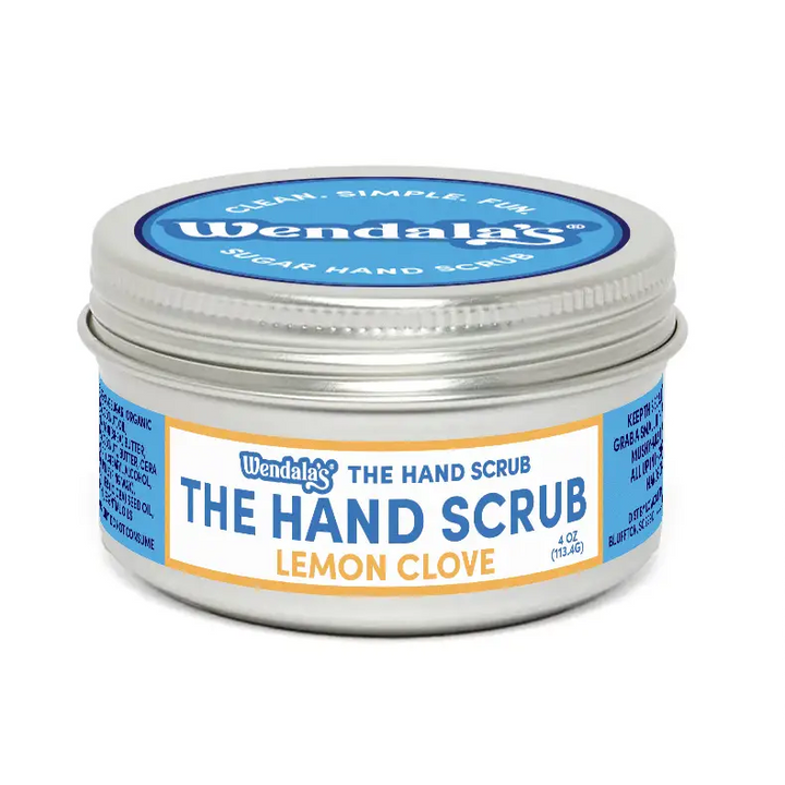 Wendala’s lemon clove sugar hand scrub in a silver tin with blue and white label from the essential hand scrub bundle